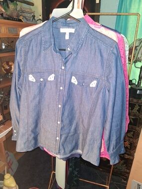 True Freedom Denim-Style Chambray Button-Down Shirt - Blue